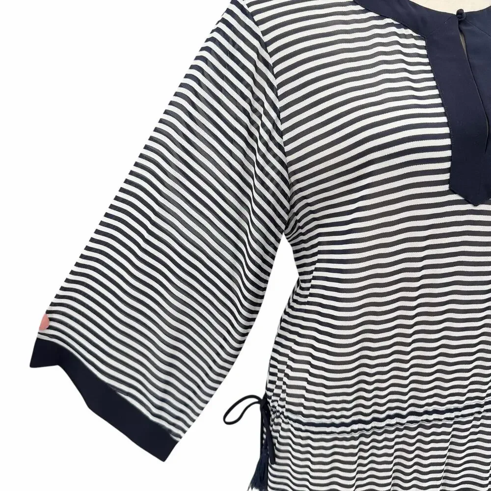 Tory Burch NWT Clemente Navy White Stripe 100% Silk Sheer Long Caftan Coverup